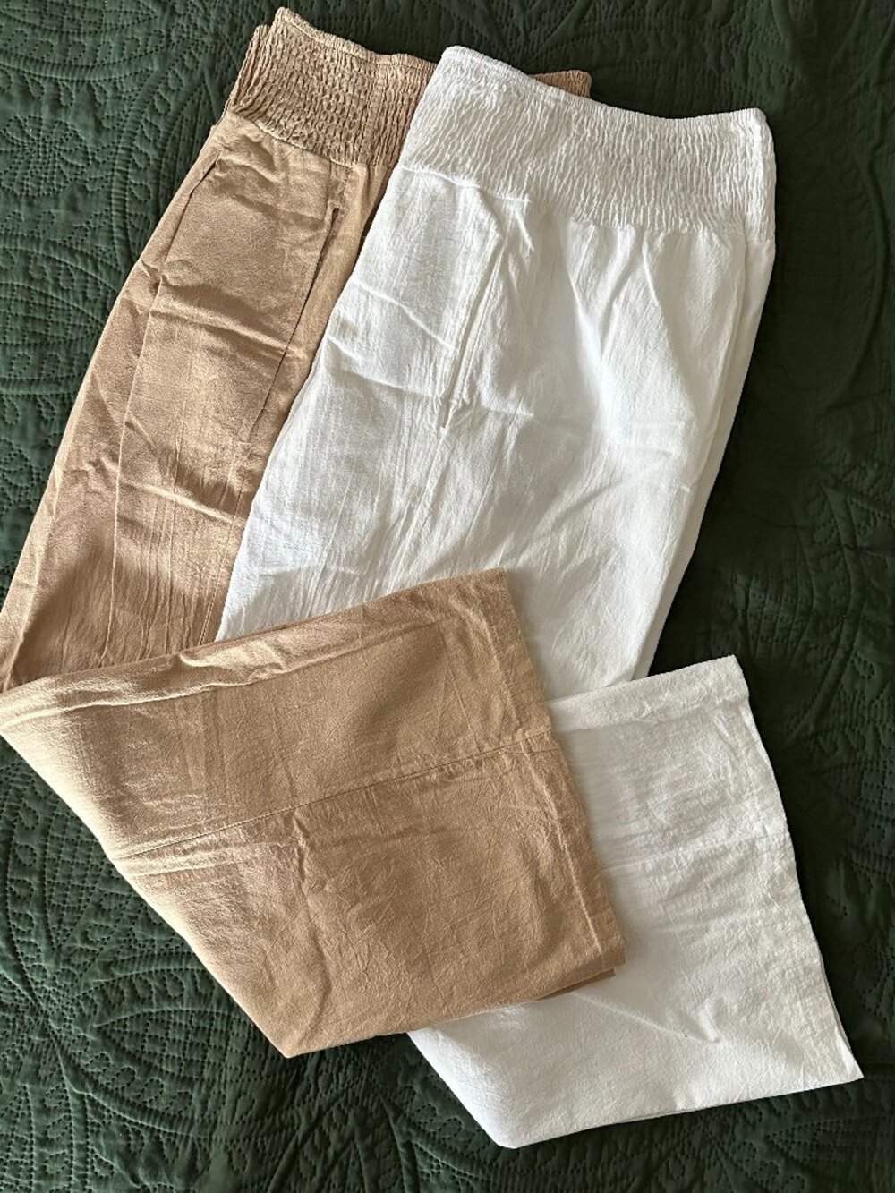 Boho Wide Leg Smocked Waist Flowy Pants - Size Small - White & Tan available